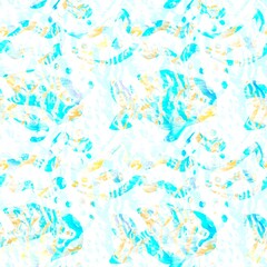 Batik fish tie dye wash background. Mottled underwater swimming fishes for beach swimwear. Fun summer trendy beach fashion print. Digital fluid watercolor effect. High resolution seamless pattern.