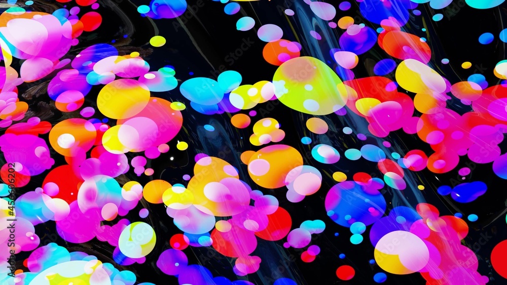 Poster abstract background of shiny glossy surface like wavy transparent liquid with rainbow color circles 