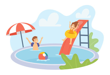 Boy and Girl Characters in Swimwear Playing in Swimming Pool. Kids Having Fun on Summer Vacation. Children on Rings