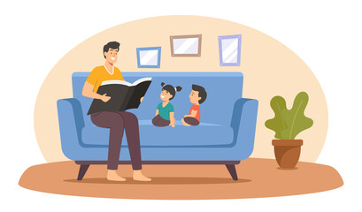Father Reading Book to Kids, Happy Family Characters Spend Time Together at Home, Parent Read to Children, Sparetime
