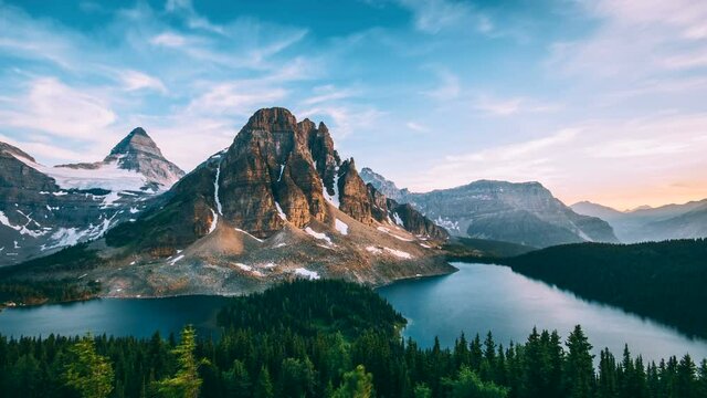 4K Timelapse of Mt Assiniboine Mountains glacier in Banff National Park at Sunset panorama