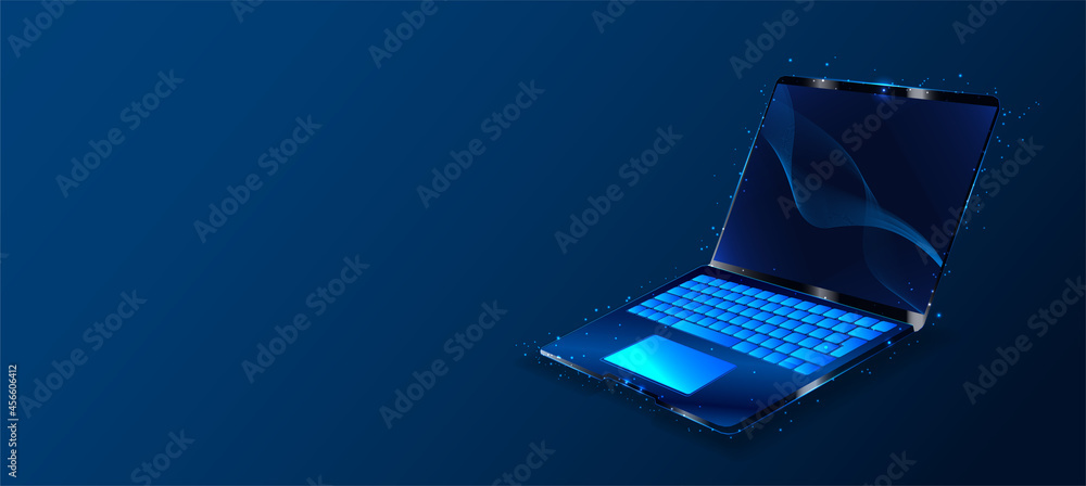 Poster a notebook consisting of polygons. laptop in a futuristic polygonal style with a skeleton, low-poly 