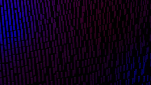 3d abstract geometric creative dark bg with looping flowing animation, black columns rise and fall flashing multicolor neon light randomly. Cartoon style. Columns move up and down. Blue red gradient