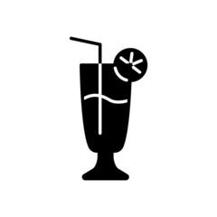 Cocktail with slice of lemon and straw glyph icon. Maldives bar. Tropical drink. Isolated vector illustration
