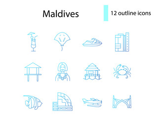 Fototapeta na wymiar Maldives outline icons set. Tropical attributes, travel guide. Beach resort. Isolated vector stock illustration