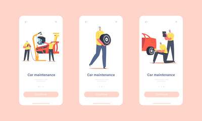 Car Maintenance Mobile App Page Onboard Screen Template. Workers on Plant Production Line, Vehicle Manufacture Factory