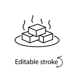 Aromatic tofu cheese on a plate outline icon. Taiwanese traditional food. Editable stroke. Isolated vector illustration
