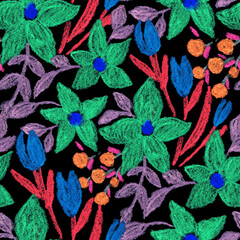 Creative seamless pattern with abstract flowers drawn with wax crayons. Bright colorful floral print.	