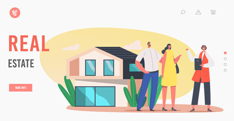 Real Estate Landing Page Template. Couple Buy Luxury Suburban Cottage. Realtor Sell House to Clients. Manager Make Deal