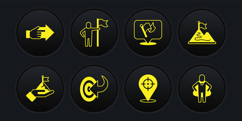 Set Mountains with flag, Target, Flag, Man holding, Head hunting and Hand pointing finger icon. Vector