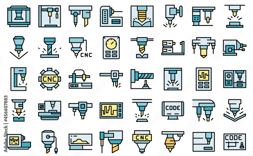 Poster cnc machine icons set outline vector. mill controller. industrial tool