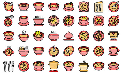 Cream soup icons set outline vector. Meal soup. Cream bowl