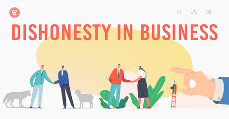 Dishonesty in Business Landing Page Template. Trickery People Betrayal. Characters with Knife Shake Hand, Sheep and Wolf