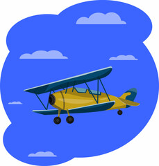 Old retro biplane flying in the blue sky with clouds. Airplane model, two wings. Vector cartoon style airplane illustration. Designed for poster printing © IrinaBrusentseva