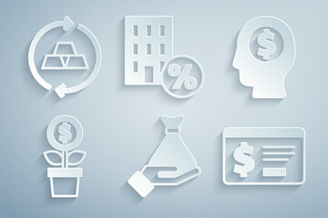 Set Money in hand, Business man planning mind, Dollar plant, Online banking with dollar, House percant discount and Gold bars icon. Vector