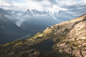 Lac Blanc Chamonix Mont Blanc Aerial Panorama from above mountain range