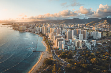 Aerial Honolulu at Sunset beach and skyline