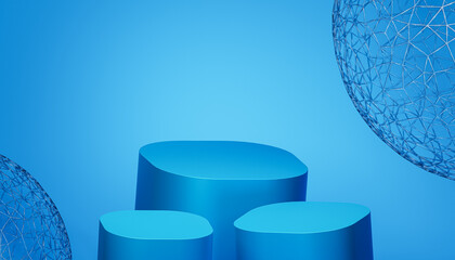 Podiums or pedestals for products or advertising on blue background, 3d render