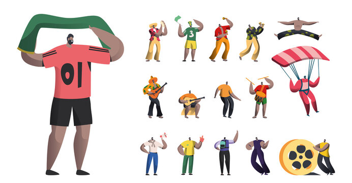 Set of Male Characters, Sports Fan with Flag, Brazil Carnival Musicians with Maracas, Men Dancers and Mariachi Players