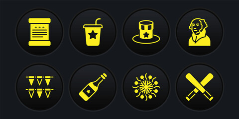 Set Carnival garland with flags, George Washington, Champagne bottle, Firework, Patriotic American top hat, Paper glass straw, Crossed baseball bat and Declaration of independence icon. Vector