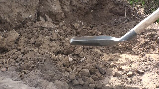 Archaeological excavations, rough works on the archeological site, the archaeologist shovels the earth excavated from the walls of the ancient fortress