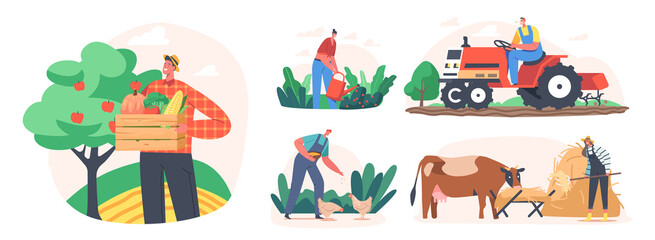 Set Farmers Doing Farming Job Feed Cow and Fowl, Care of Domestic Animals at Livestock. Characters Working with Cattle