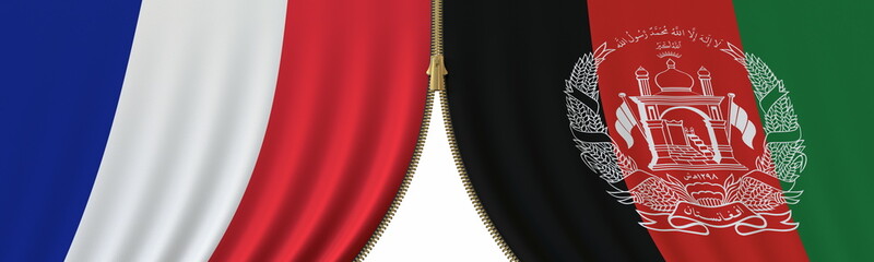 France and Afghanistan cooperation or conflict, flags and closing or opening zipper between them. Conceptual 3D rendering