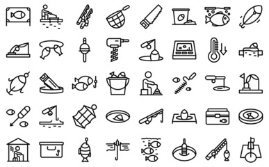 Ice fishing icons set outline vector. Winter frozen. Polar lake