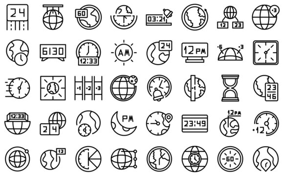 Time zones icons set outline vector. Clock hour. Calendar earth