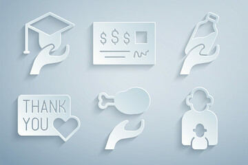 Set Donation food, water, Thank you with heart, Taking care of children, Bank check and Education grant icon. Vector