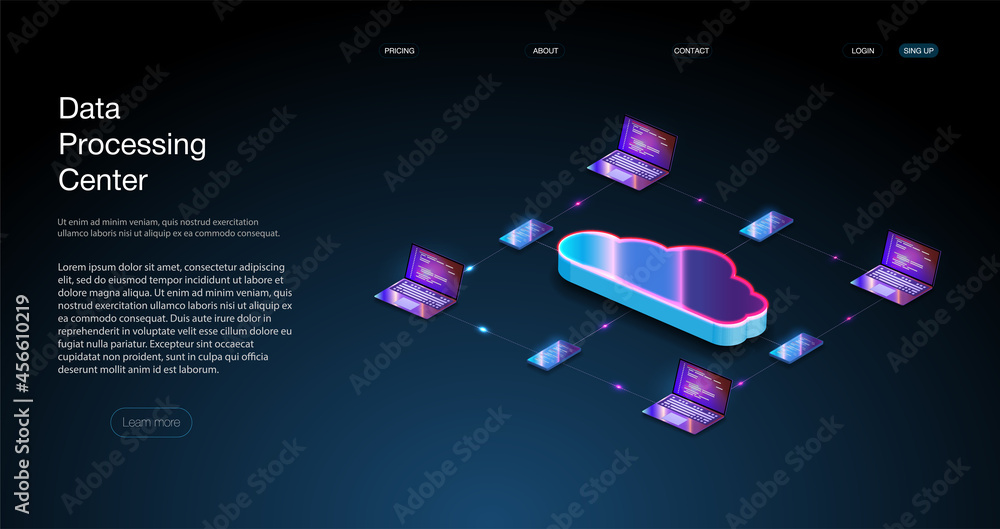 Poster isometric modern web cloud technology and networking concept. cloud computing, big data. the concept