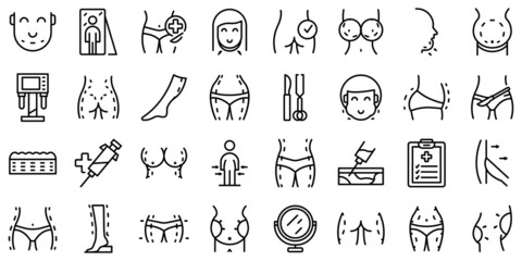 Liposuction icons set outline vector. Women waist. Belly body - obrazy, fototapety, plakaty