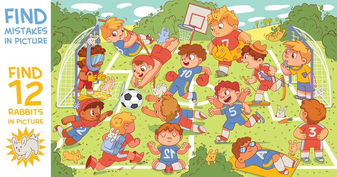 Children are playing football. Find mismatch. Find 12 rabbits in the picture