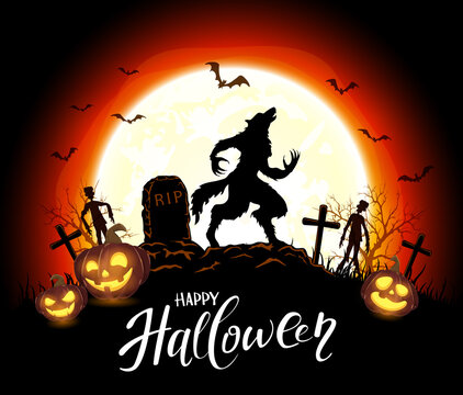 Happy Halloween Theme with Werewolf and Pumpkins on Orange Background
