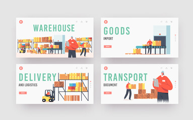 Fototapeta na wymiar Warehouse Landing Page Template Set. Workers Loading, Stacking Goods in Store. Accounting and Packing Cargo on Belt