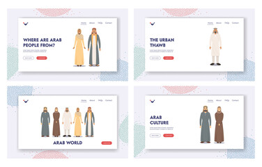 Arab People Landing Page Template Set. Arabic Male and Female Characters, Saudi Men Wear Thawb or Kandura and Women