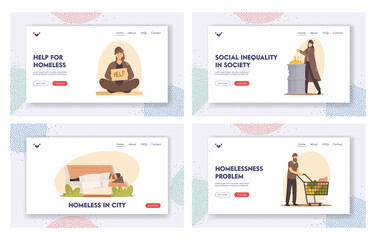 Homeless People Landing Page Template Set. Beggars Characters Begging Money, Need Help and Work, Bums Living on Street