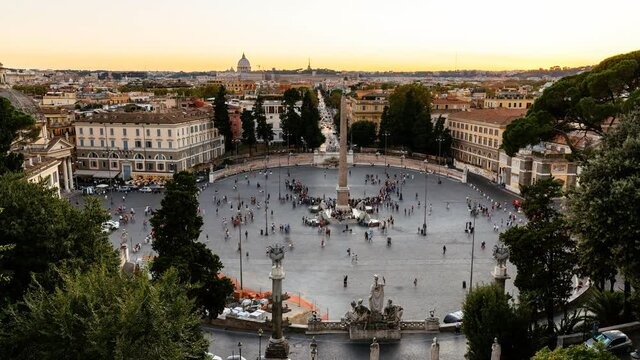 4K Timelapse of Flaminio Obelisk in Plazza del Popolo in Rome Italy at sunset