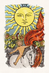 The Sun Tarot Card Watercolor Painting | Major Arcana Tarot Card Meaning Happiness Success Self-Confidence Vitality Contentment | Child With Flag Riding Horse On A Sunny Day Next To Sunflower Field 