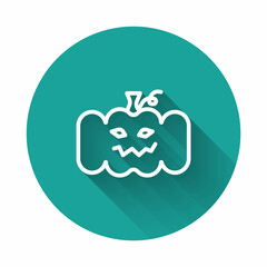 White line Pumpkin icon isolated with long shadow background. Happy Halloween party. Green circle button. Vector