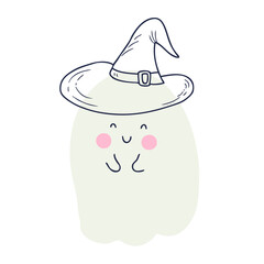 Halloween doodle of ghost in witchs hat. Perfect for T-shirt, textile and prints. Hand drawn vector illustration for decor and design.
