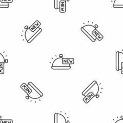 Grey line Covered with a tray of food icon isolated seamless pattern on white background. Tray and lid sign. Restaurant cloche with lid. Vector