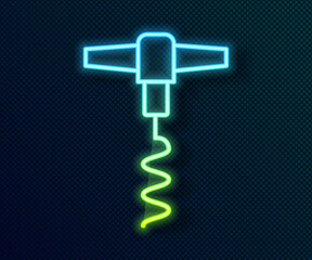 Glowing neon line Wine corkscrew icon isolated on black background. Vector
