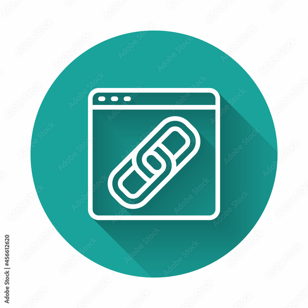 Poster White line Browser window icon isolated with long shadow background. Green circle button. Vector