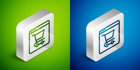 Isometric line Online shopping on screen icon isolated on green and blue background. Concept e-commerce, e-business, online business marketing. Silver square button. Vector
