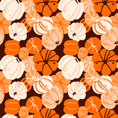 Bright seamless pattern with pumpkins. Brown and orange contrasting color scheme. Halloween, the harvest. Digital illustration. For backgrounds, cards, invitations, wrapping paper, websites.