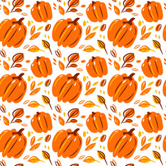 A bright light childish autumn seamless pattern. Digital illustration. Pumpkins and fallen orange and yellow leaves on a white background. Halloween. For children's clothes and bedding, postcards.