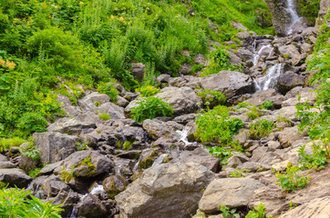 Small waterfall in the mountains in summer