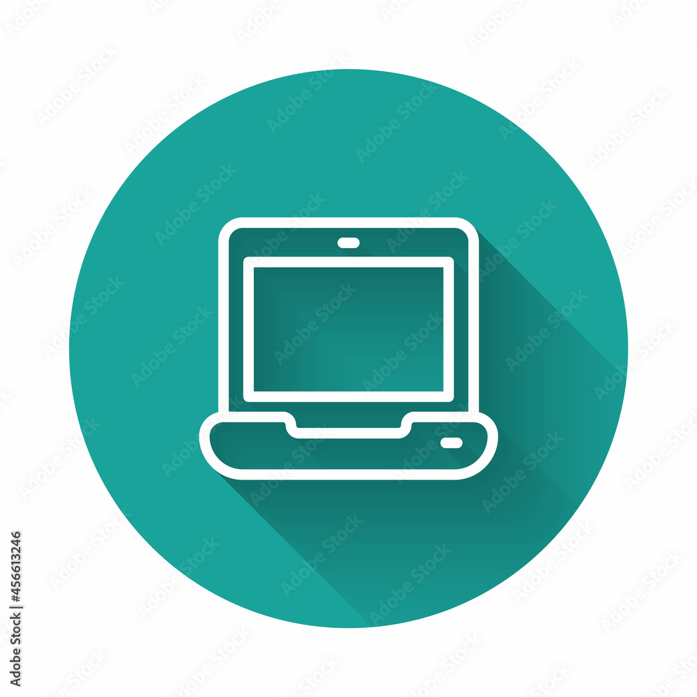 Poster white line laptop icon isolated with long shadow background. computer notebook with empty screen sig