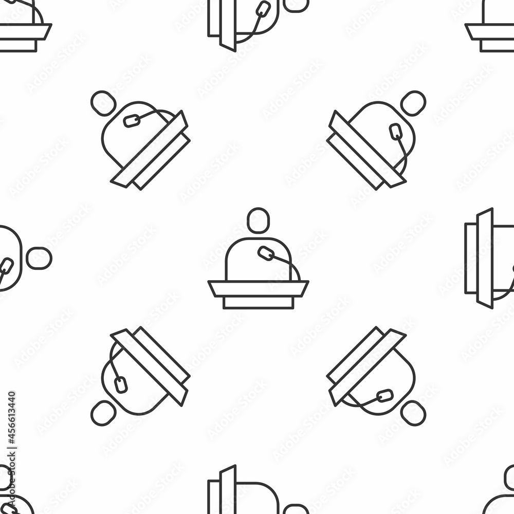 Poster grey line gives lecture icon isolated seamless pattern on white background. stand near podium. speak